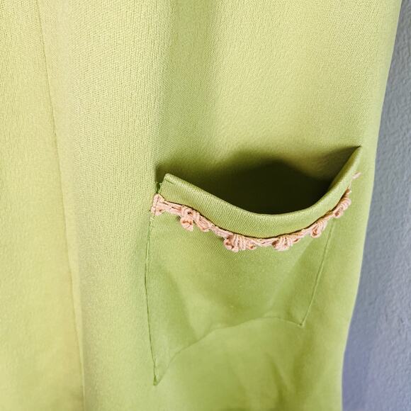 Vtg 60's MOD Go-Go Lime Green Poly Double Knit Dagger Collar Mini Dress Medium - Picture 9 of 16